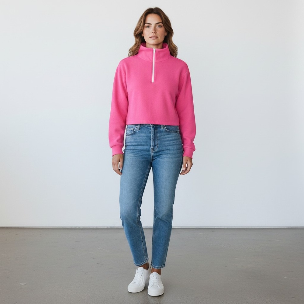 Dudley Stephens Womens M Dunning Pink Cropped Terry Fleece 1/4 Zip Pullover